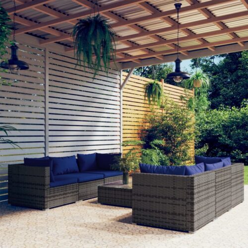 7-Piece Garden Lounge Set with Cushions Poly Rattan Wicker Outdoor Patio Furniture Grey - Image 2
