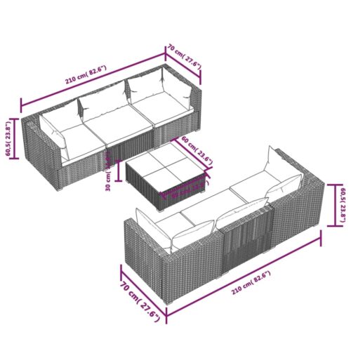 7-Piece Garden Lounge Set with Cushions Poly Rattan Wicker Outdoor Patio Furniture Grey - Image 9