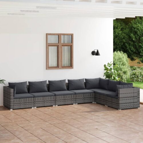 7-Piece Garden Lounge Set with Cushions Poly Rattan Wicker Outdoor Patio Furniture Grey - Image 2