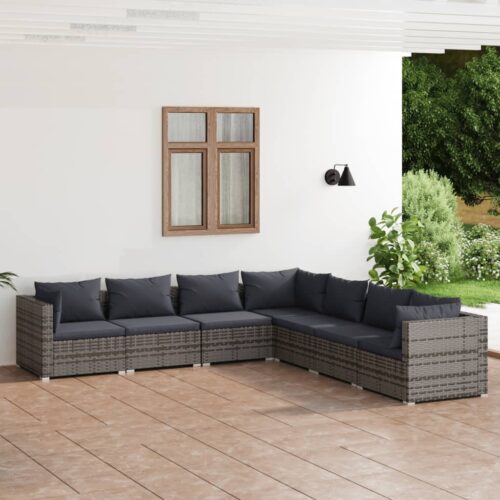 7-Piece Garden Lounge Set with Cushions Poly Rattan Wicker Outdoor Patio Furniture Grey - Image 2