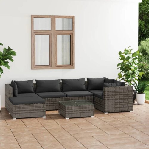 7-Piece Garden Lounge Set with Cushions Poly Rattan Wicker Outdoor Patio Furniture Grey - Image 2