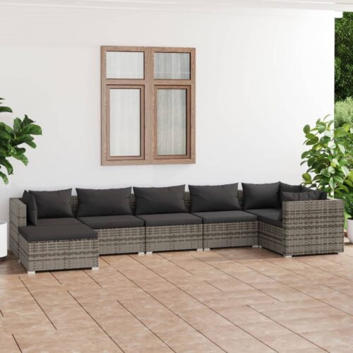 7-Piece Garden Lounge Set with Cushions Poly Rattan Wicker Outdoor Patio Furniture Grey - Image 2