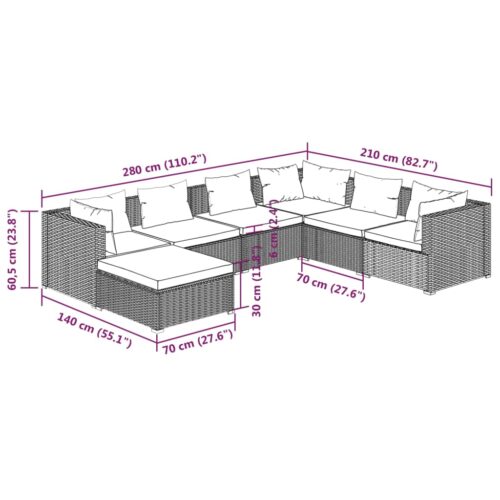 7-Piece Garden Lounge Set with Cushions Poly Rattan Wicker Outdoor Patio Furniture Grey - Image 9