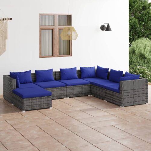 7-Piece Garden Lounge Set with Cushions Poly Rattan Wicker Outdoor Patio Furniture Grey - Image 2
