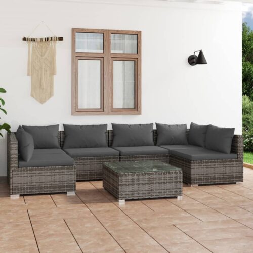7-Piece Garden Lounge Set with Cushions Poly Rattan Wicker Outdoor Patio Furniture Grey - Image 2