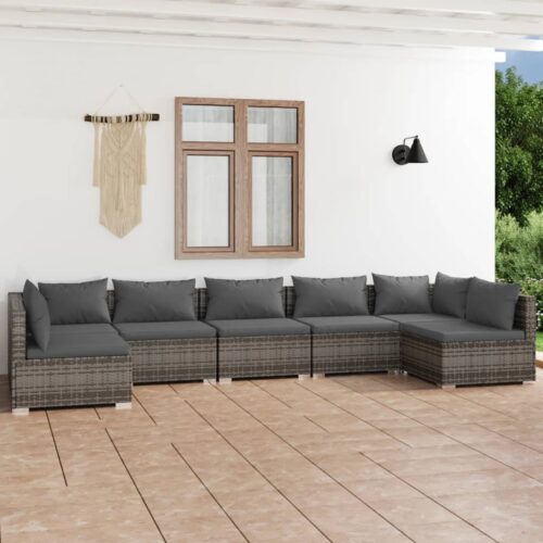 7-Piece Garden Lounge Set with Cushions Poly Rattan Wicker Outdoor Patio Furniture Grey - Image 2
