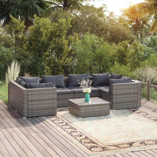 7-Piece Garden Lounge Set with Cushions Poly Rattan Wicker Outdoor Patio Furniture Grey - Image 2