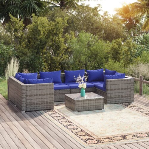 7-Piece Garden Lounge Set with Cushions Poly Rattan Wicker Outdoor Patio Furniture Grey - Image 2