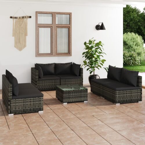 7-Piece Garden Lounge Set with Cushions Poly Rattan Wicker Outdoor Patio Furniture Grey - Image 2