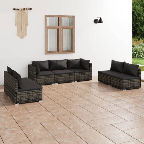 7-Piece Garden Lounge Set with Cushions Poly Rattan Wicker Outdoor Patio Furniture Grey - Image 2