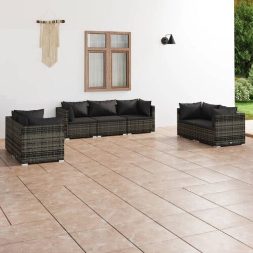 7-Piece Garden Lounge Set with Cushions Poly Rattan Wicker Outdoor Patio Furniture Grey - Image 2