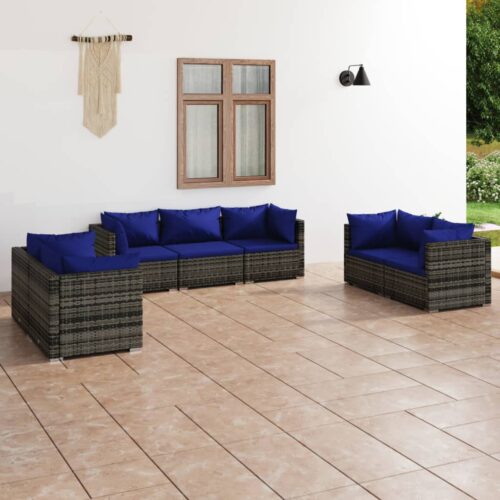 7-Piece Garden Lounge Set with Cushions Poly Rattan Wicker Outdoor Patio Furniture Grey - Image 2
