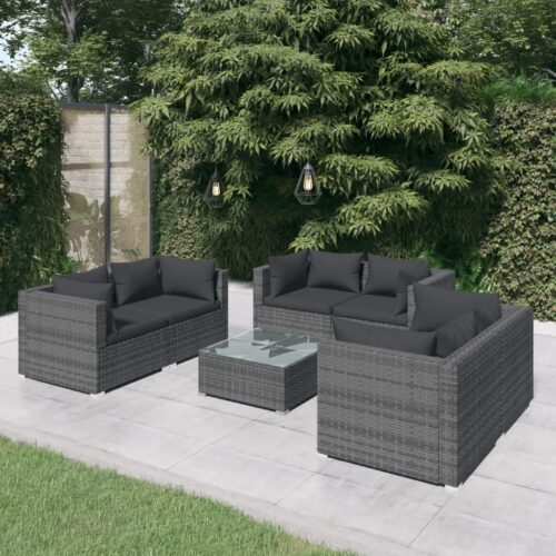 7-Piece Garden Lounge Set with Cushions Poly Rattan Wicker Outdoor Patio Furniture Grey - Image 2