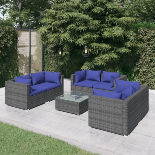 7-Piece Garden Lounge Set with Cushions Poly Rattan Wicker Outdoor Patio Furniture Grey - Image 2