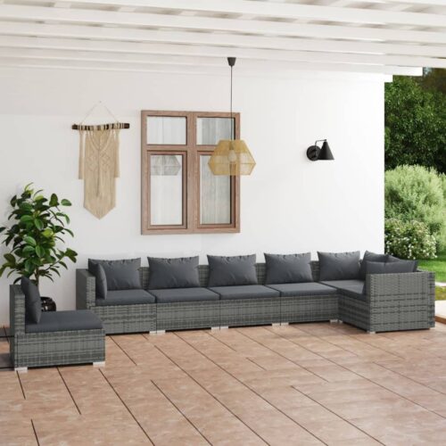 7-Piece Garden Lounge Set with Cushions Poly Rattan Wicker Outdoor Patio Furniture Grey - Image 2