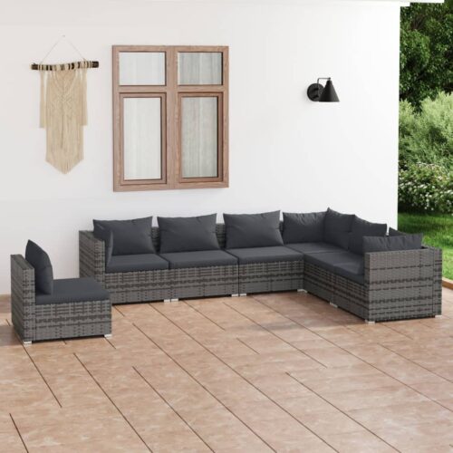 7-Piece Garden Lounge Set with Cushions Poly Rattan Wicker Outdoor Patio Furniture Grey - Image 2