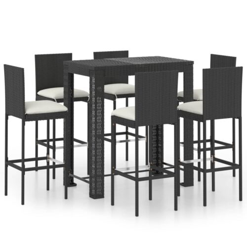 7-Piece Outdoor Bar Set with Cushions Poly Rattan Wicker Outdoor Patio Furniture Black