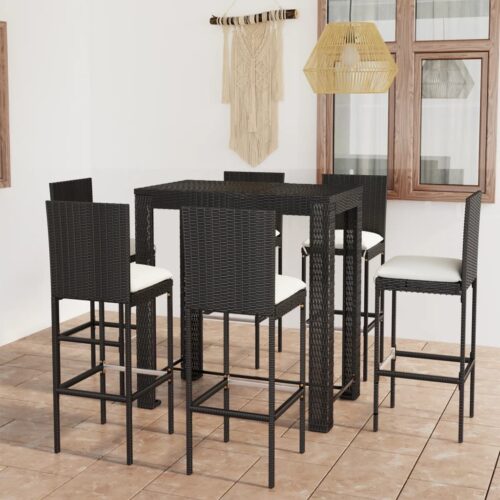 7-Piece Outdoor Bar Set with Cushions Poly Rattan Wicker Outdoor Patio Furniture Black - Image 2