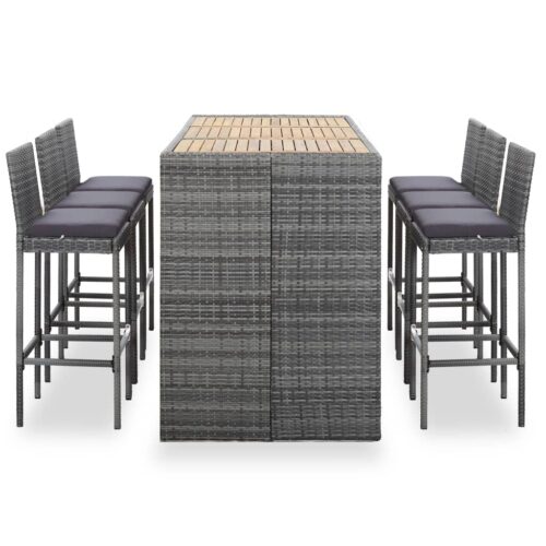 7-Piece Outdoor Bar Set with Cushions Poly Rattan Wicker Outdoor Patio Furniture Grey - Image 2