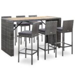 7-Piece Outdoor Bar Set with Cushions Poly Rattan Wicker Outdoor Patio Furniture Grey