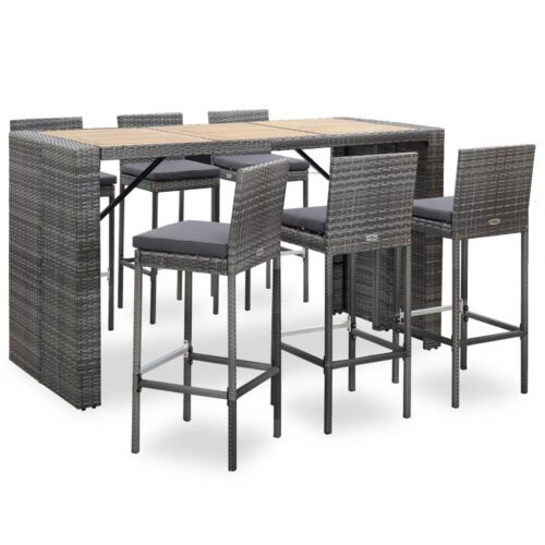 7-Piece Outdoor Bar Set with Cushions Poly Rattan Wicker Outdoor Patio Furniture Grey