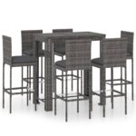 7-Piece Outdoor Bar Set with Cushions Poly Rattan Wicker Outdoor Patio Furniture Grey