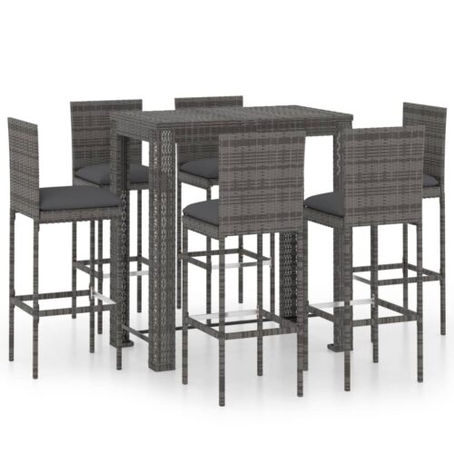 7-Piece Outdoor Bar Set with Cushions Poly Rattan Wicker Outdoor Patio Furniture Grey