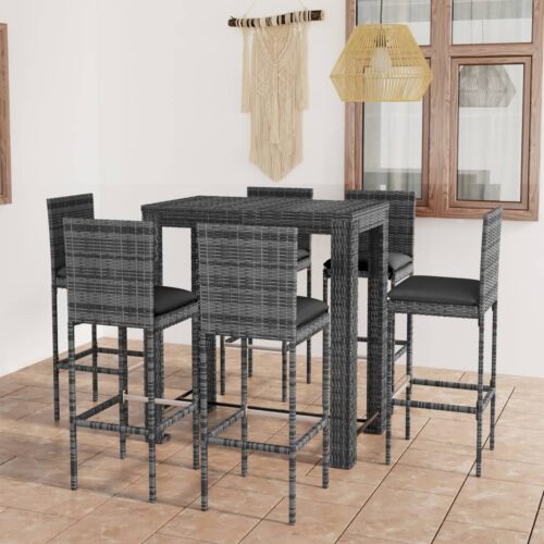 7-Piece Outdoor Bar Set with Cushions Poly Rattan Wicker Outdoor Patio Furniture Grey - Image 2
