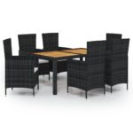 7-Piece Outdoor Dining Set with Cushions Poly Rattan Wicker Outdoor Patio Furniture Black