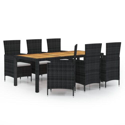 7-Piece Outdoor Dining Set with Cushions Poly Rattan Wicker Outdoor Patio Furniture Black