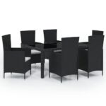 7-Piece Outdoor Dining Set with Cushions Poly Rattan Wicker Outdoor Patio Furniture Black
