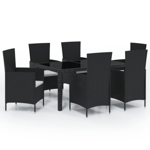 7-Piece Outdoor Dining Set with Cushions Poly Rattan Wicker Outdoor Patio Furniture Black