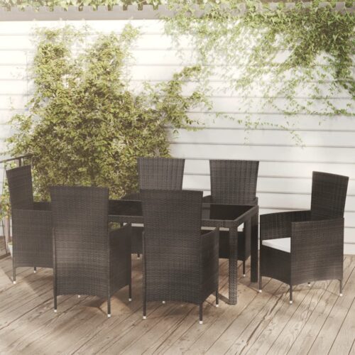 7-Piece Outdoor Dining Set with Cushions Poly Rattan Wicker Outdoor Patio Furniture Black - Image 2