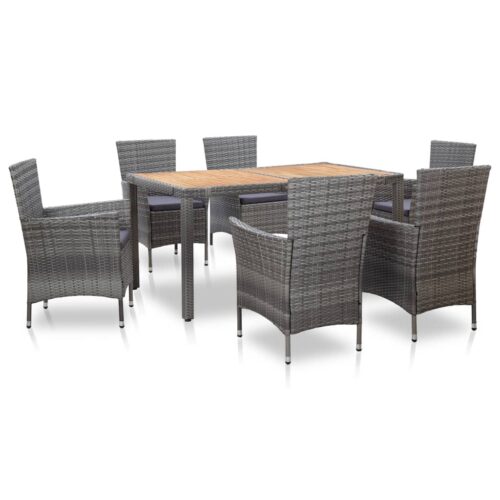 7-Piece Outdoor Dining Set with Cushions Poly Rattan Wicker Outdoor Patio Furniture Grey