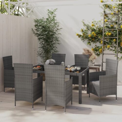 7-Piece Outdoor Dining Set with Cushions Poly Rattan Wicker Outdoor Patio Furniture Grey - Image 2
