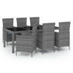 7-Piece Outdoor Dining Set with Cushions Poly Rattan Wicker Outdoor Patio Furniture Grey