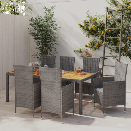 7-Piece Outdoor Dining Set with Cushions Poly Rattan Wicker Outdoor Patio Furniture Grey - Image 2