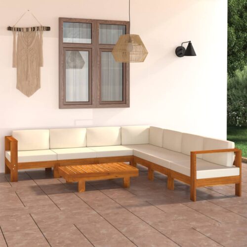 8-Piece Garden Lounge Set with Cream White Cushions Acacia Wood - Image 2