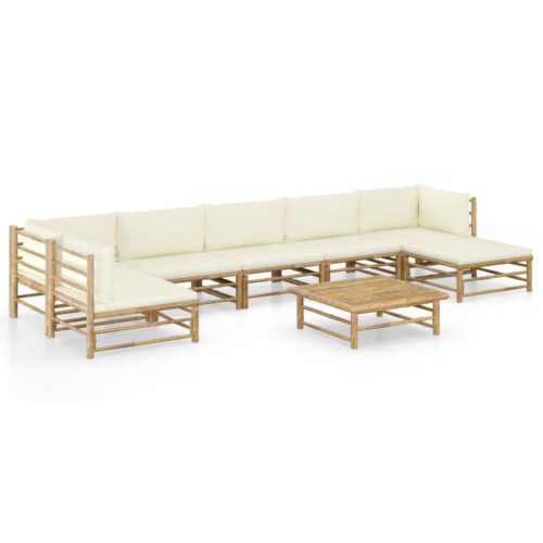 8-Piece Garden Lounge Set with Cream White Cushions Bamboo