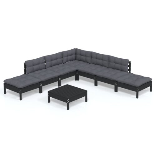 8-Piece Garden Lounge Set with Cushions Black Pine Wood Outdoor Patio Furniture