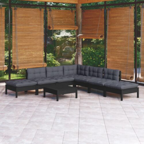 8-Piece Garden Lounge Set with Cushions Black Pine Wood Outdoor Patio Furniture - Image 2