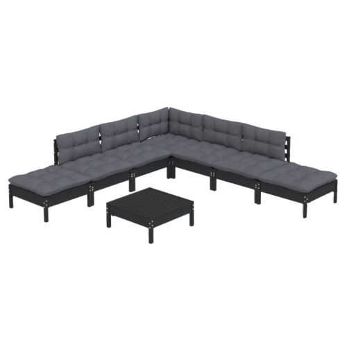 8-Piece Garden Lounge Set with Cushions Black Pine Wood Outdoor Patio Furniture - Image 3