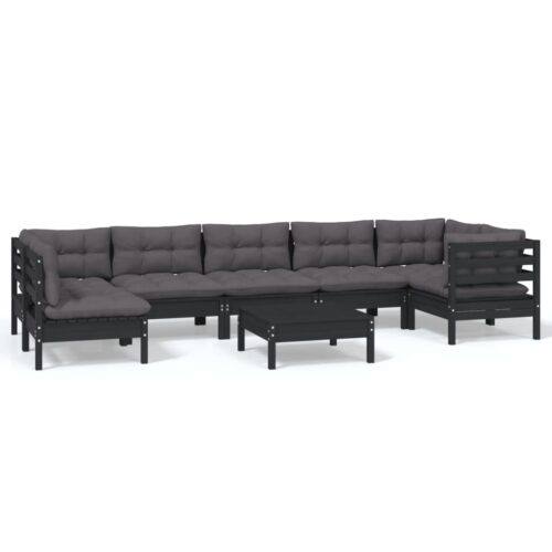 8-Piece Garden Lounge Set with Cushions Black Pine Wood Outdoor Patio Furniture