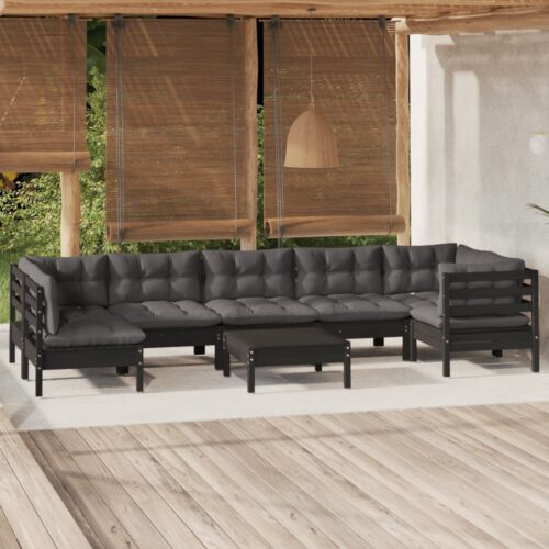 8-Piece Garden Lounge Set with Cushions Black Pine Wood Outdoor Patio Furniture - Image 2