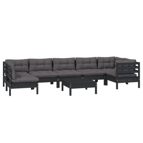 8-Piece Garden Lounge Set with Cushions Black Pine Wood Outdoor Patio Furniture - Image 3