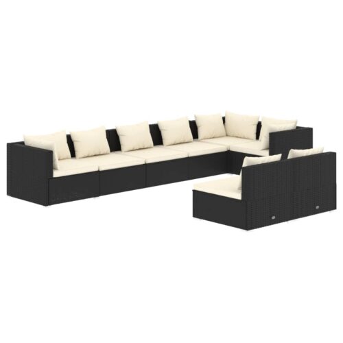 8-Piece Garden Lounge Set with Cushions Black Poly Rattan Wicker Outdoor Patio Furniture