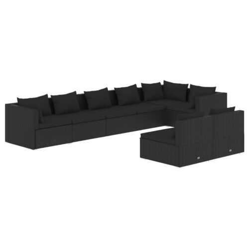 8-Piece Garden Lounge Set with Cushions Black Poly Rattan Wicker Outdoor Patio Furniture