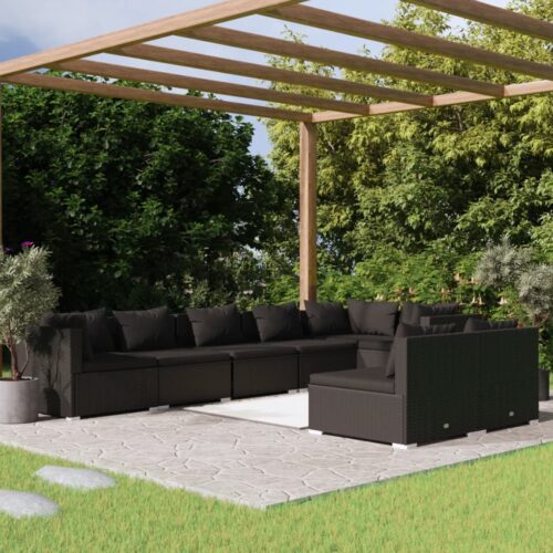 8-Piece Garden Lounge Set with Cushions Black Poly Rattan Wicker Outdoor Patio Furniture - Image 2