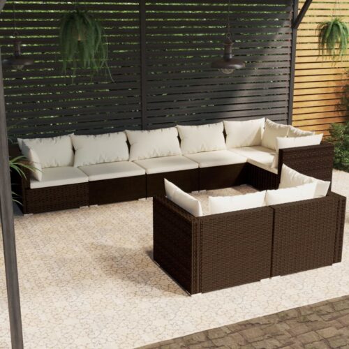 8-Piece Garden Lounge Set with Cushions Brown Poly Rattan Wicker Outdoor Patio Furniture - Image 2