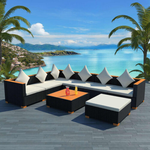8-Piece Garden Lounge Set with Cushions Poly Rattan Wicker Outdoor Patio Furniture Black - Image 2